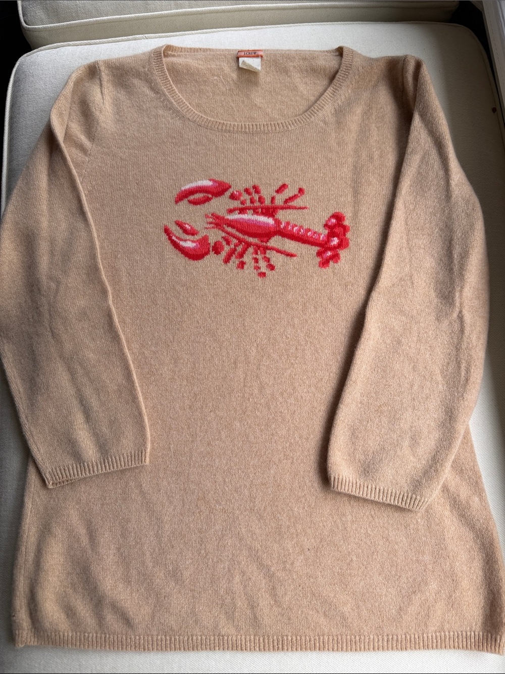 J. Crew Beige Crewneck Sweater with Red Lobster Motif 3/4 sleeve